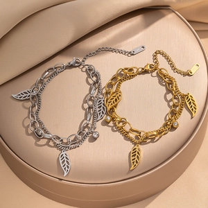 Double Layer Stainless Steel Bracelet Leaf Pendant Rhinestone Inlaid Minimalist Fashion Jewelry Chic Style Women Gift