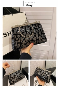 Detail of silver gray sequin geometric evening bag with rhinestone ring handle