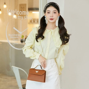 Close-up of a brown crossbody bag featuring a golden butterfly clasp and elegant handle