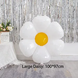 Grand ballon marguerite de 100x97cm en aluminium blanc et jaune pour fête d'anniversaire