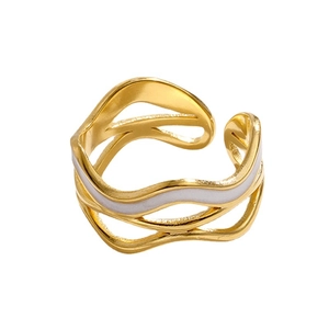 Minimalist gold stainless steel wave ring with white enamel drip and adjustable open band