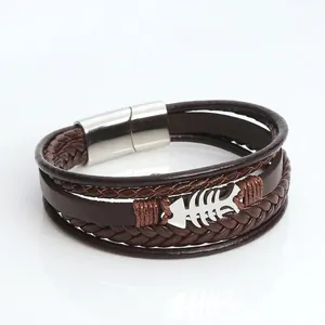 Men's multilayer braided leather bracelet with silver fishbone charm and magnetic clasp