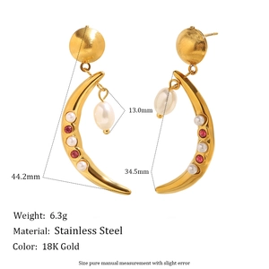 18K gold plated stainless steel crescent earrings with red zircon and pearls