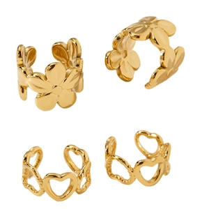 Polished gold stainless steel hollow heart and flower ear cuffs shown from multiple angles