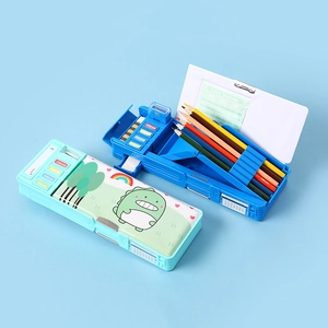 Kids' double-layer dinosaur pencil case with multi-functional mechanical buttons