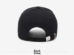Detail view of the black baseball cap back with adjustable silver buckle and fabric strap