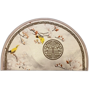Semi-circle entryway mat with Chinese floral patterns and traditional囍 symbol on beige base