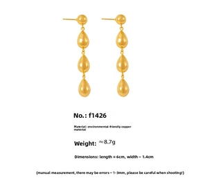 Detailed dimensions of 18k gold plated copper geometric triple teardrop tassel earrings