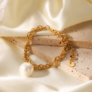 Stainless Steel Gold Plated Bracelet With Artificial Pearl Pendant Adjustable Thick Cross Chain Women Elegant Ins Style Jewelry