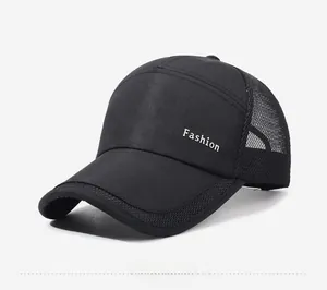 Side view detail of breathable black mesh baseball cap with white Fashion text