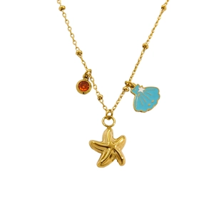 14K gold stainless steel ocean necklace with starfish, blue shell and orange gem pendant