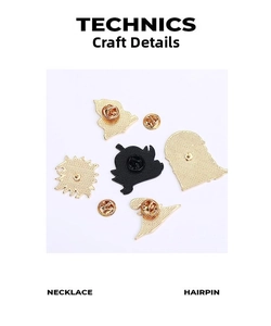 Detail view of enamel pin backings with golden butterfly clutches and textured metal