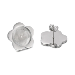 Silver stainless steel flower stud earrings with butterfly backings and setting base