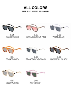 Collection of square frame sunglasses with thick rims and metal hinges in eight colors