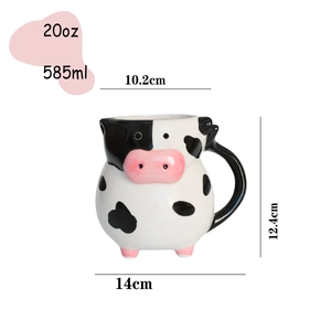 Detailed size chart for 20oz cow shaped ceramic coffee mug with capacity and dimensions