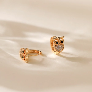 Exquisite 18K gold plated owl hoop earrings with sparkling zircon stones and black eyes
