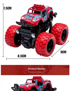 Detail showing dimensions of red monster truck with spring suspension and rubber tires