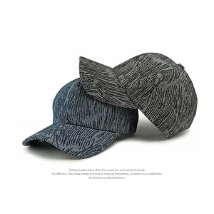 Jacquard denim baseball caps with wave patterns in navy and grey on white background