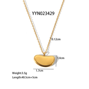 Golden bean pendant necklace in stainless steel with detailed product dimensions and specifications