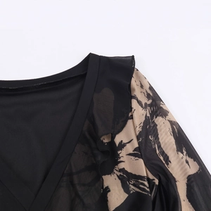 Slim fit brush print maxi dress featuring mesh sleeves and ruffle trim V-neck detail