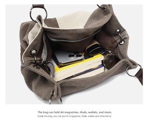 Interior view showing the large capacity of the canvas tote bag for iPad and A4 magazines