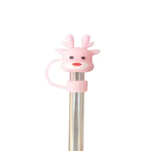 Pink reindeer silicone straw cover cap with dust plug for 10mm drinking straws