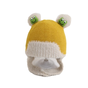 Yellow knit baby earflap hat with plush lining and cute frog pom-pom decorations