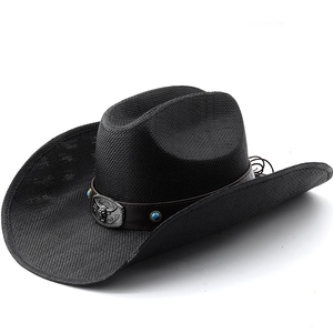 Black woven cowboy hat with leather band, vintage bull head metal buckle and turquoise beads