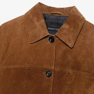 Brown suede jacket for women with lapel collar and black buttons shown in a close-up detail