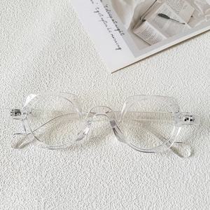 Detail shot of transparent irregular frames with cat-ear accents on white texture
