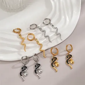 Snake Pendant Hoop Earrings Copper With Green Cubic Zirconia And Black Enamel Irregular French Vintage Style For Women