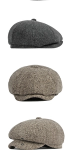 Détails de casquettes gavroche vintage en laine à chevrons, coloris gris et marron