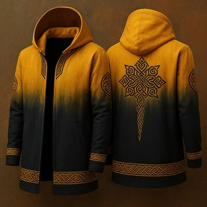 Detail of Celtic Viking patterns on men's yellow black gradient zip-up hooded jacket