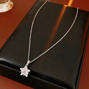Exquisite silver chain necklace with a sparkling star zircon pendant on black display box