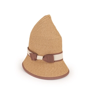Detail of the woven straw hat featuring a pointed crown and a brown bow decoration
