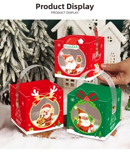 Detailed view of Christmas gift boxes with transparent windows and festive cartoon Santas