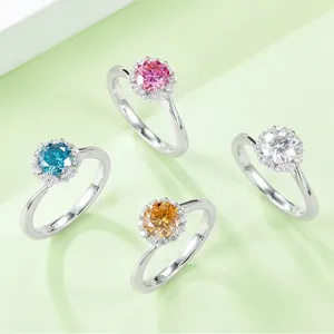 Moissanite S925 Sterling Silver Halo Ring Round Cut Colored Stone Twisted Band Wedding Engagement Jewelry For Women
