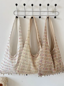 Bohemian Crochet Knit Shoulder Bag Large Capacity Striped Tote With Shell Sequin Tassel Decor For Women Vacation Style