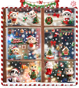 Detail of festive Christmas cat static window decals with snowflakes and gift boxes