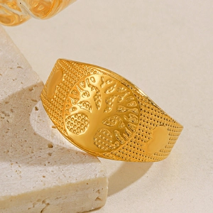 18k gold plated Tree of Life wide open ring with textured details on beige stone