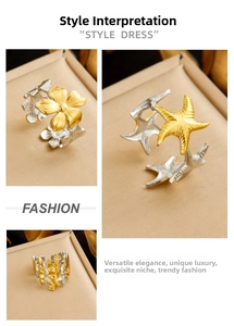 Detailed views of gold-silver starfish and flower open rings with brushed matte texture