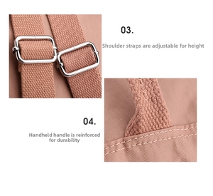 Detail of adjustable metal buckles and reinforced stitching on a pink nylon backpack