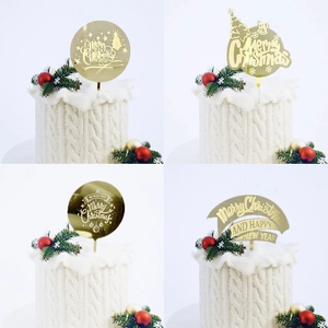 Merry Christmas Cake Topper Acrylic Mirror Gold Silver Tree Bell Reusable Party Decoration Holiday Dessert