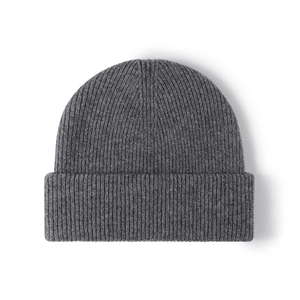 Dark grey merino wool beanie with double-layer rib knit and wide folded cuff for winter