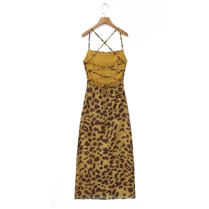 Vue détaillée d'une robe sexy dos nu à imprimé léopard avec bretelles croisées