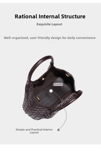Top view detail of woven leather handbag showing the spacious main compartment interior
