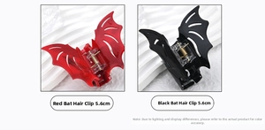 Detailed close-up of 5.6cm bat-shaped hair clips in red marble and solid black finish