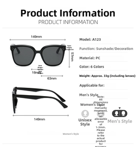 Detailed dimension chart for black oversized square sunglasses with PC frame and lenses