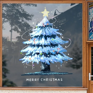 Blue Christmas tree window stickers with Merry Christmas greeting for glass decor