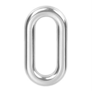 Macro shot of polished silver stainless steel oval links with a glossy smooth metallic finish